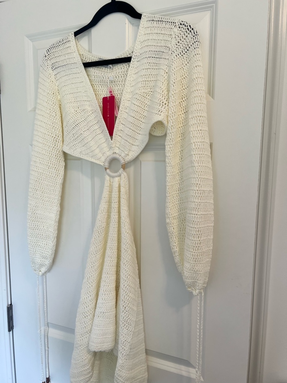 Beginning Boutique Cream Crochet Tie-Front Mini Dress